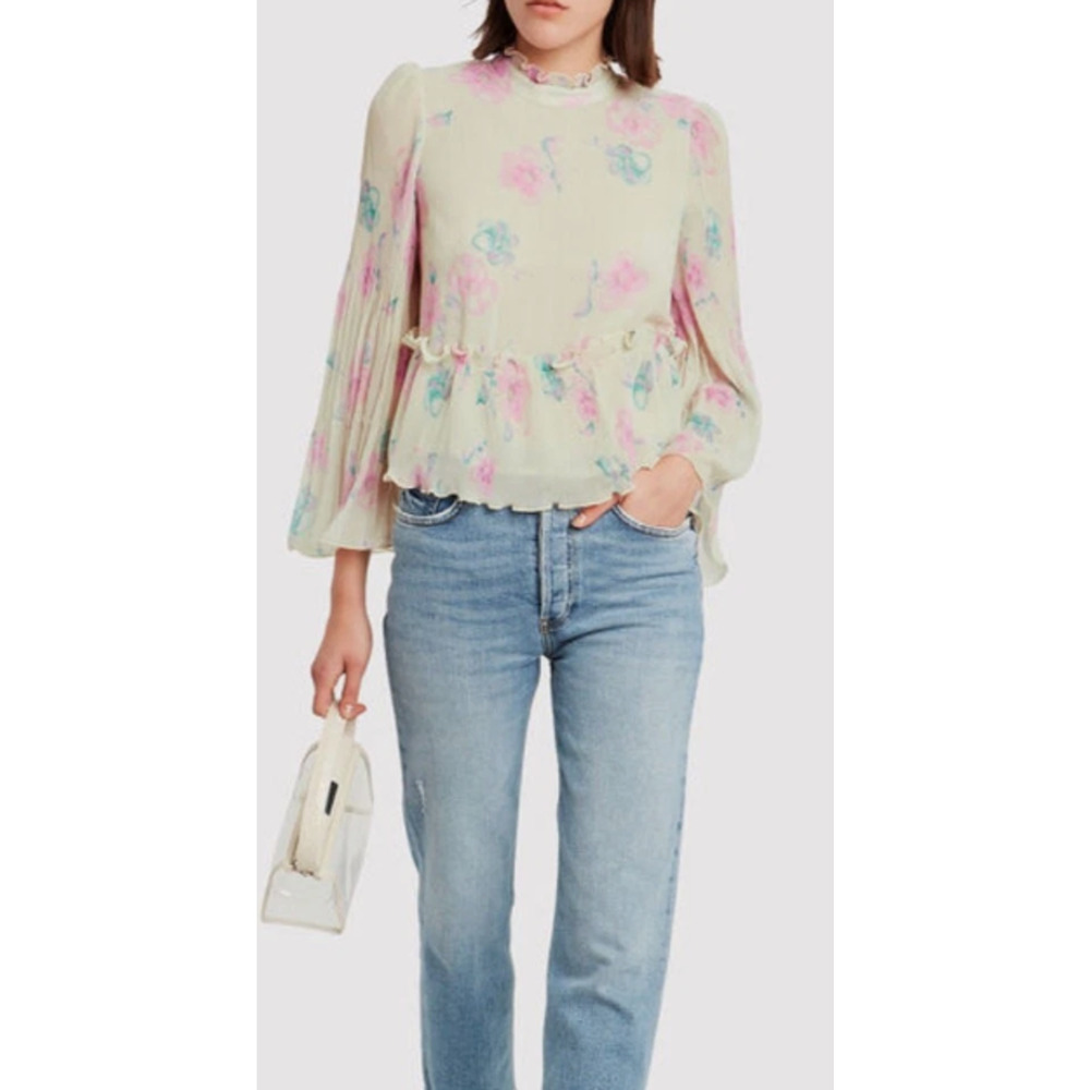 Ganni Women's Pleated Georgette Blouse Pastel Floral Long Sleeve Top - EU 44/XL